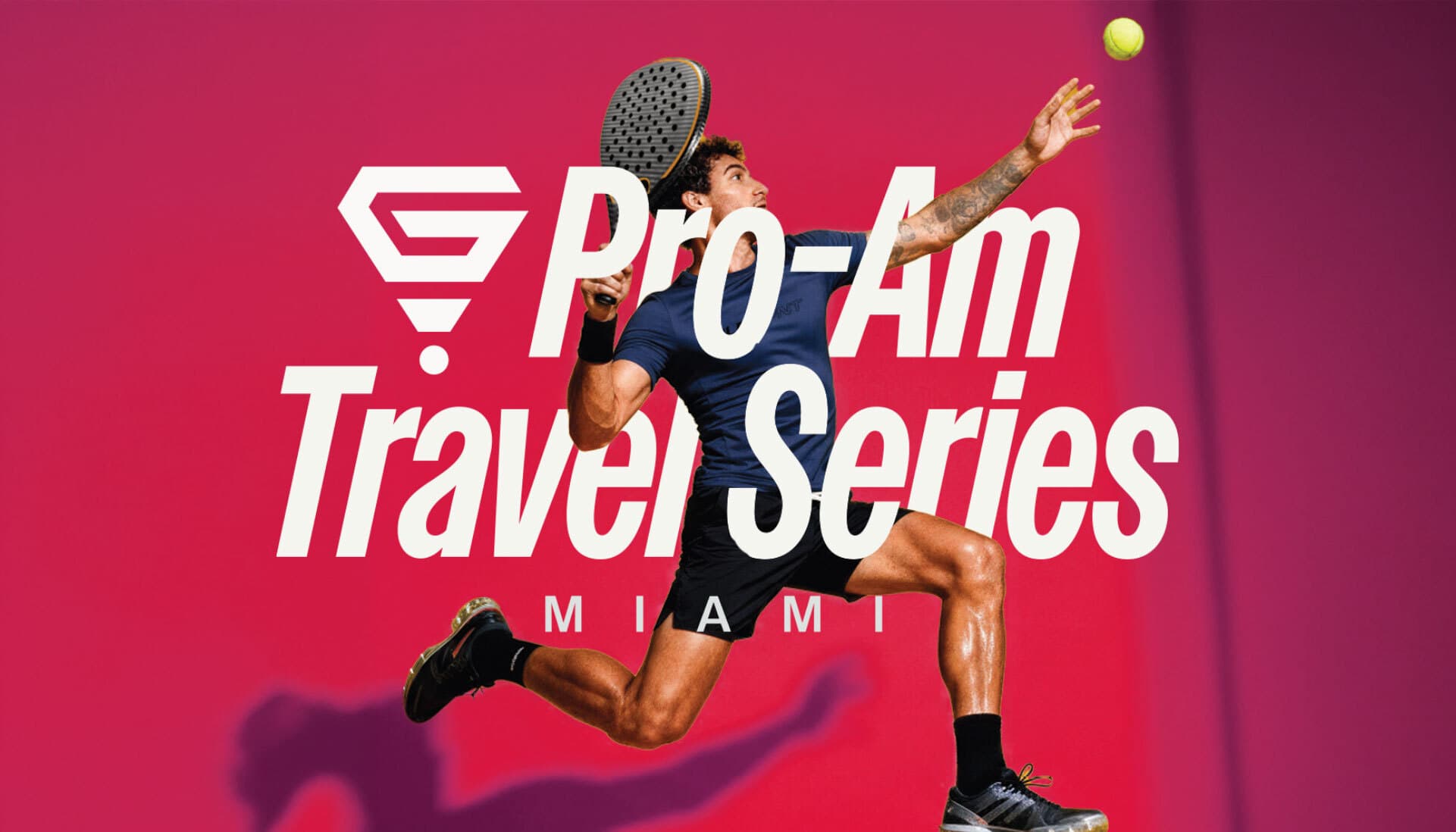 Pro-Am Travel Series Miami — a padel player mid-serve on a magenta court beneath the Pro-Am Travel Series Miami logo